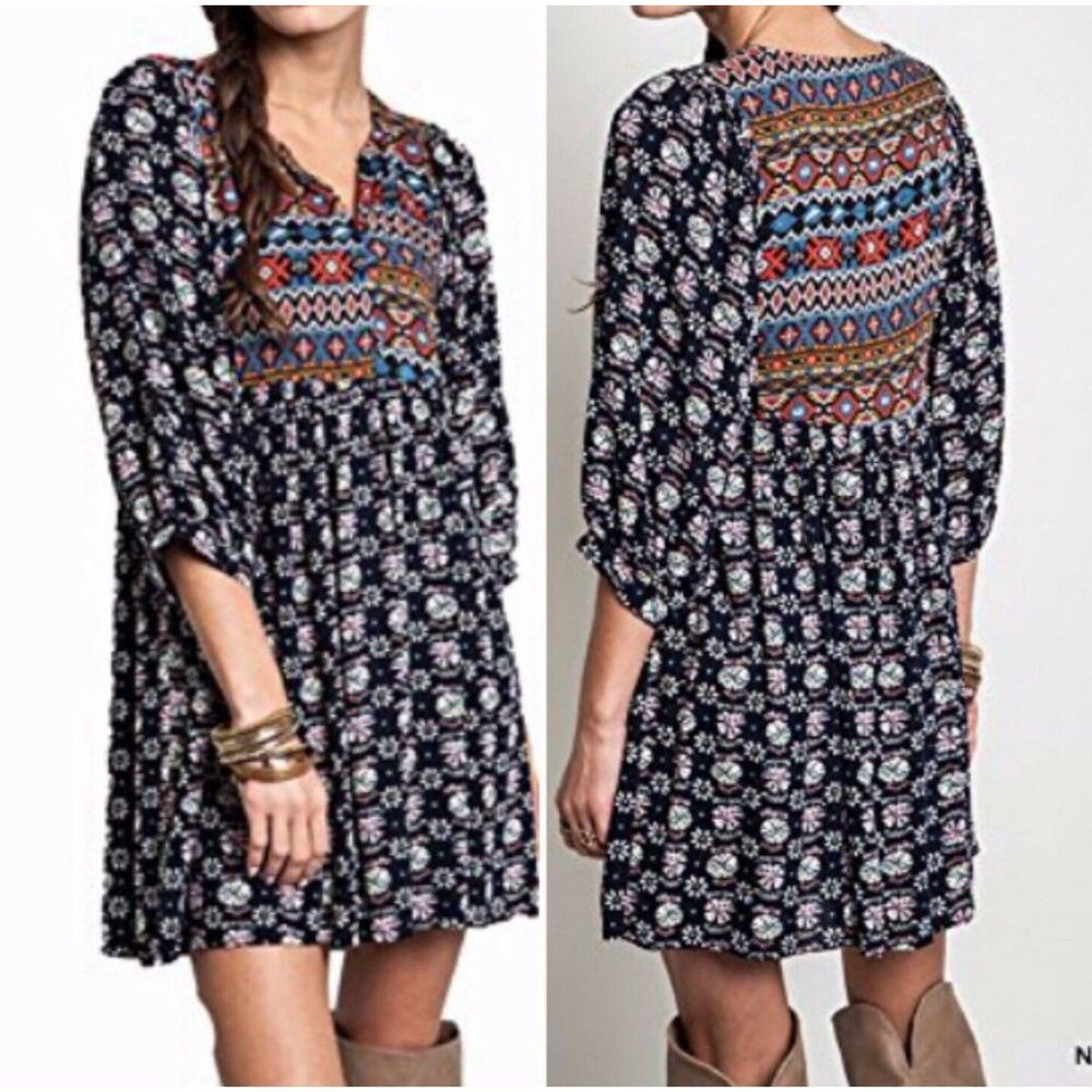 UMGEE Navy Peasant Tunic Dress Aztec Boho Hippie Lagenlook 3/4 Sleeve Size Med